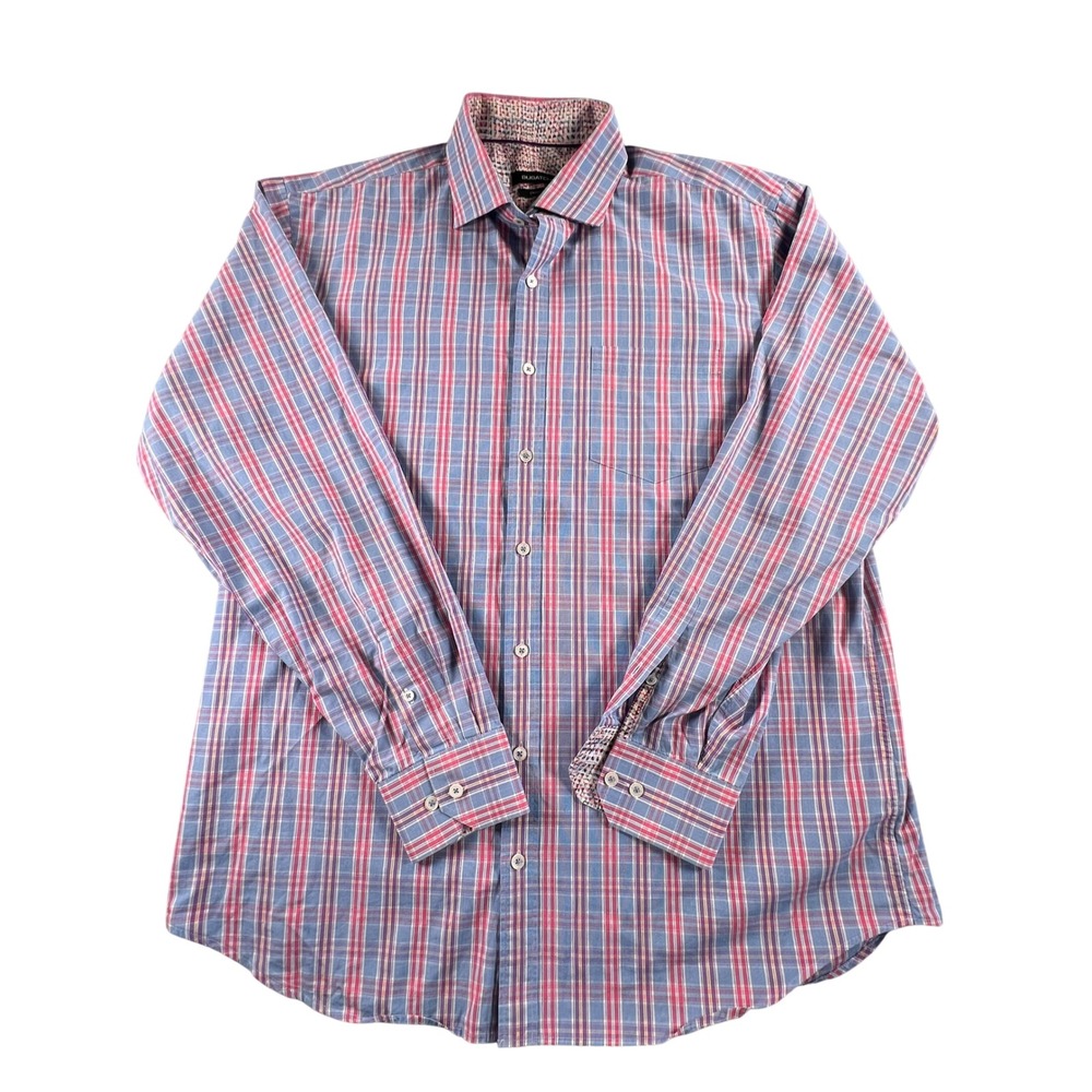 Bugatchi Uomo Mens XL Plaid Button Down Shirt Blue Pink Long Sleeve Cotton